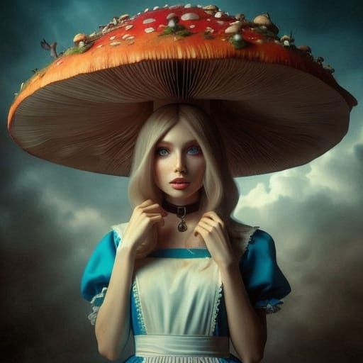 Alice's Surreal Mushroom Crown in Vibrant Fantasy Forest