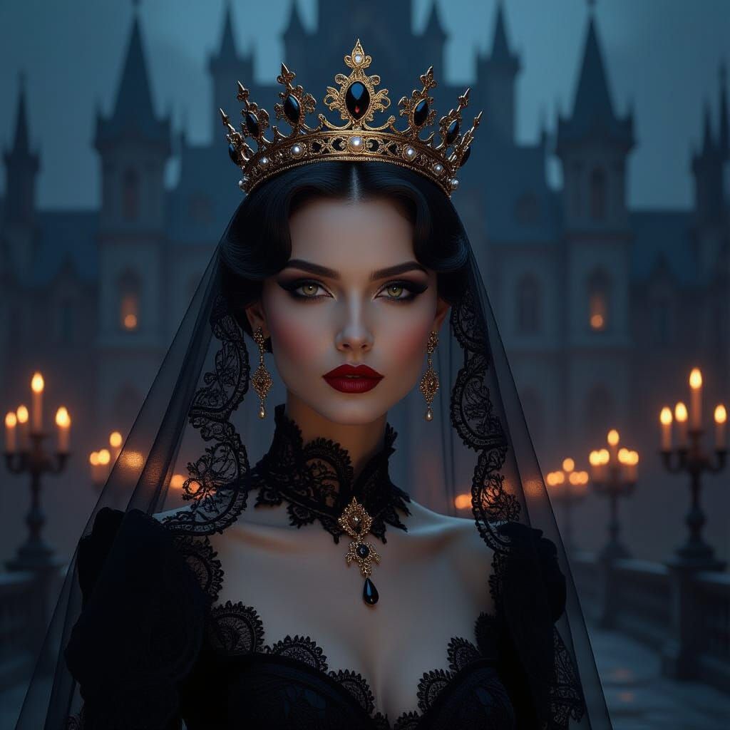 Mysterious Queen in Gothic Palace by Candlelight