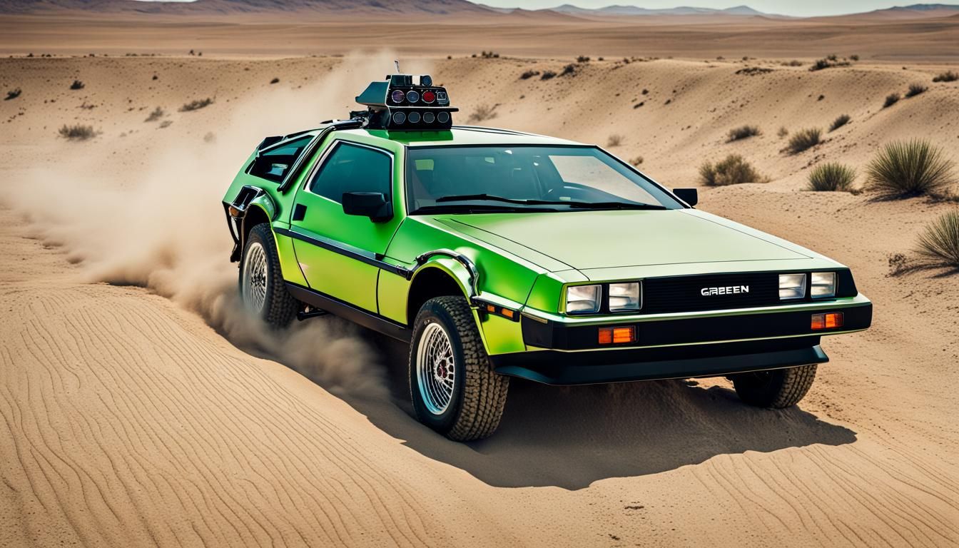 Green Offroad DeLorean on Desert Track
