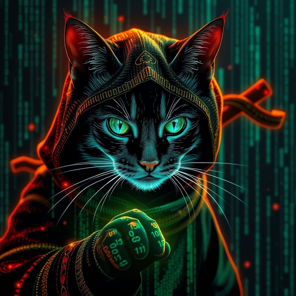 Cyberpunk Ninja Feline in Holographic Matrix Code
