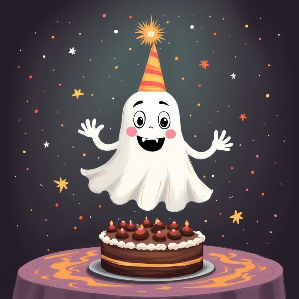 Smiling Ghost Celebrates Birthday with Chocolate Cake