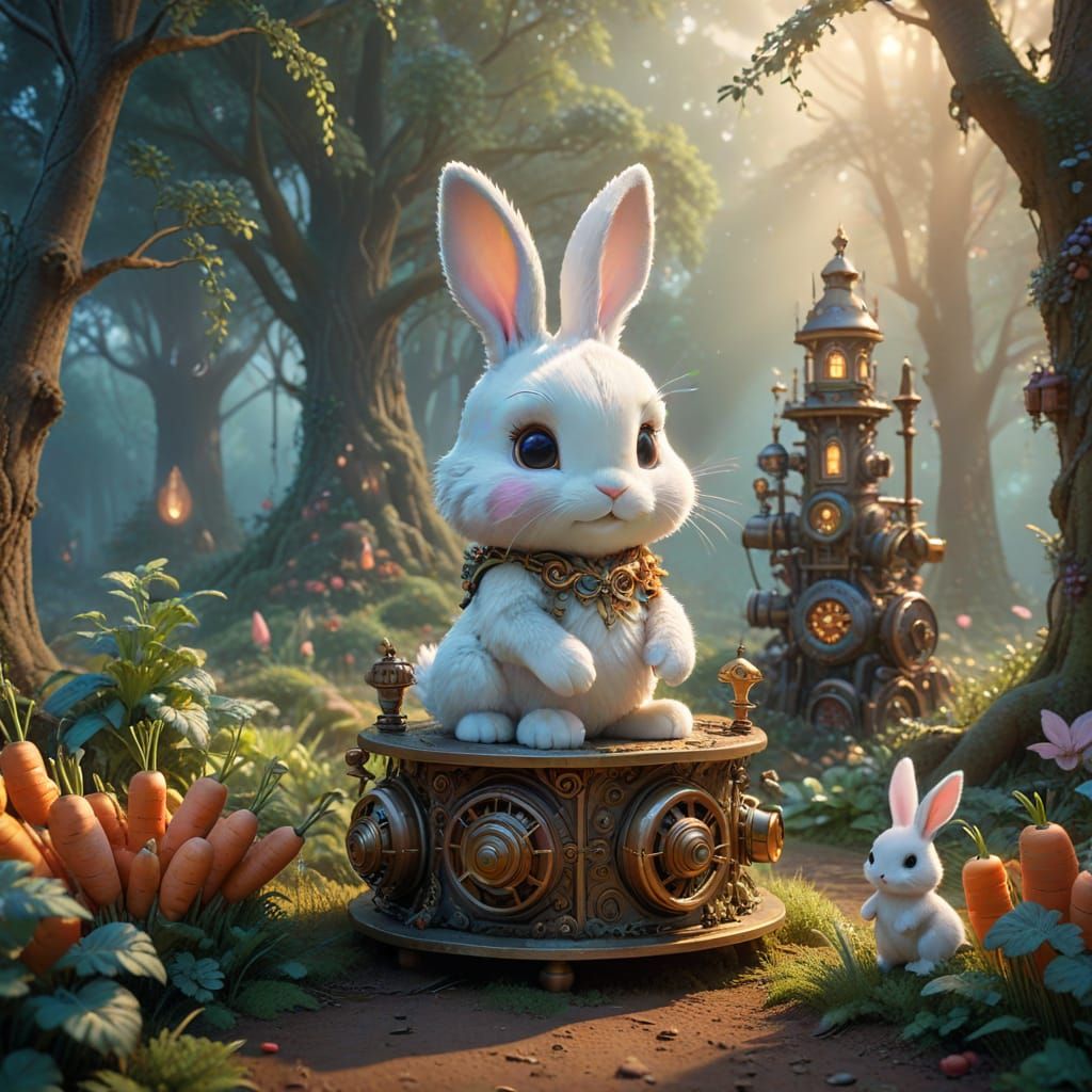 Whimsical Chibi Bunny Inventor in Enchanted Forest Scene
