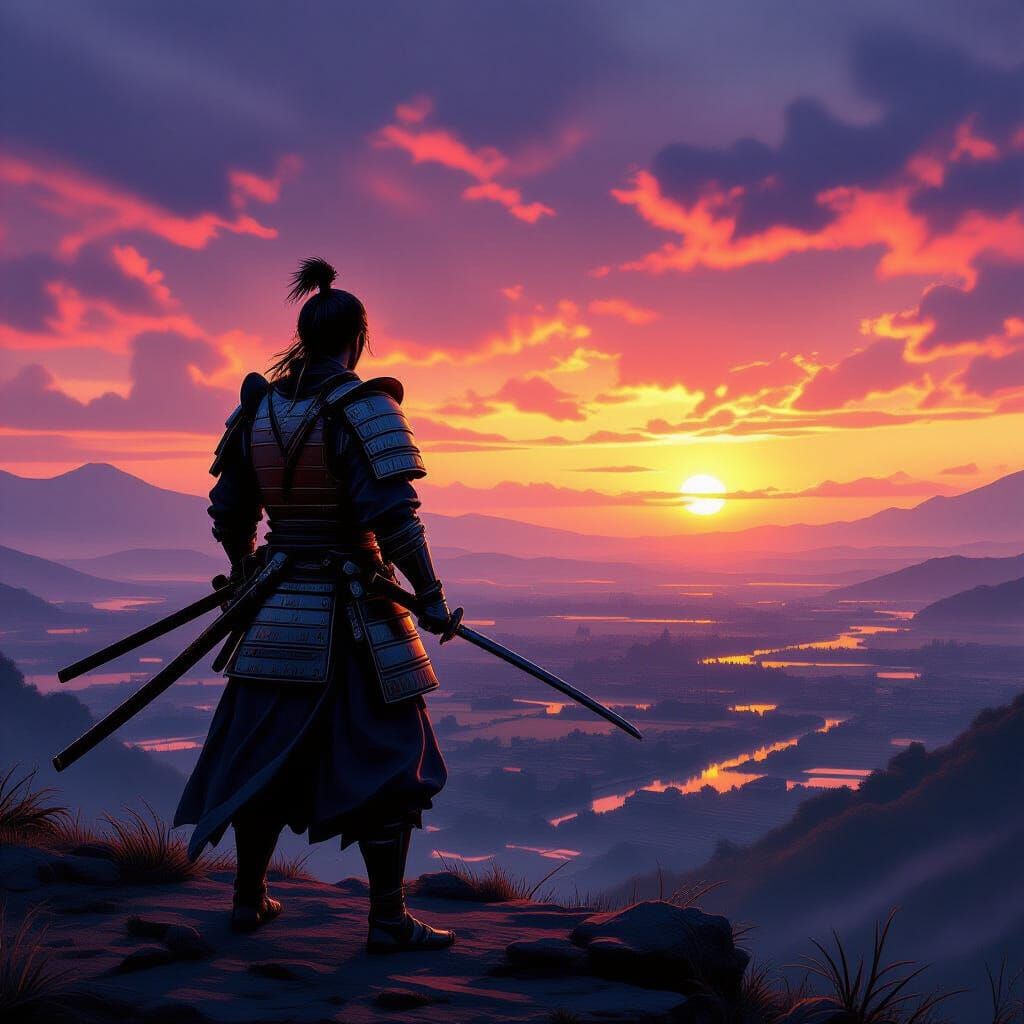 Samurai Warrior Overlooking Battlefield at Sunset