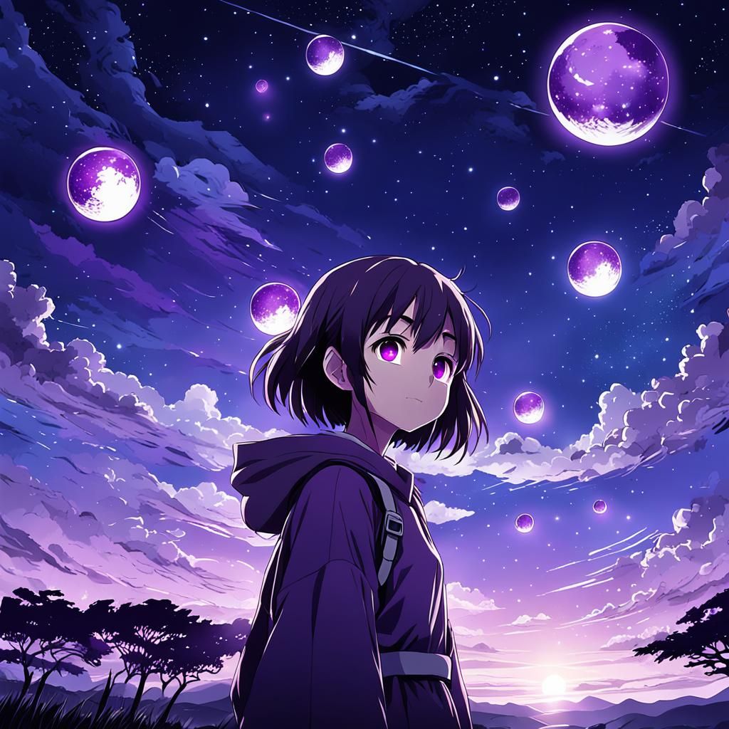 Glowing Purple Orbs in Anime Style Sky