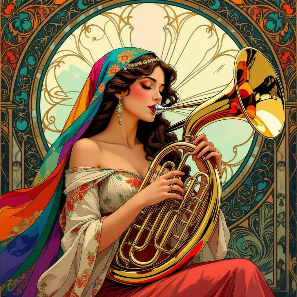 Elegant Woman Plays Tuba in Art Nouveau Style