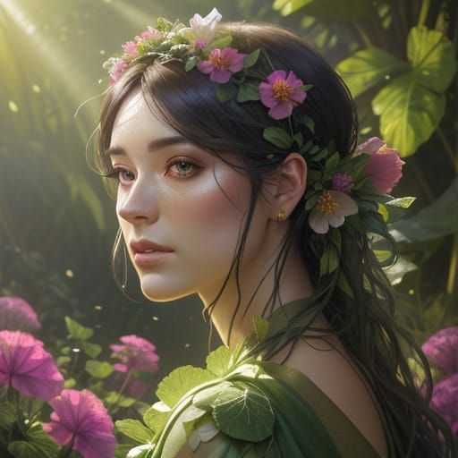 Fairy on Hollyhock Flower in Jungle, Detailed Portrait