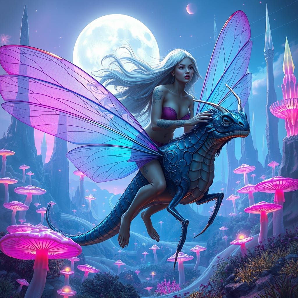 Majestic Woman Rides Iridescent Dragonfly in Futuristic Land...