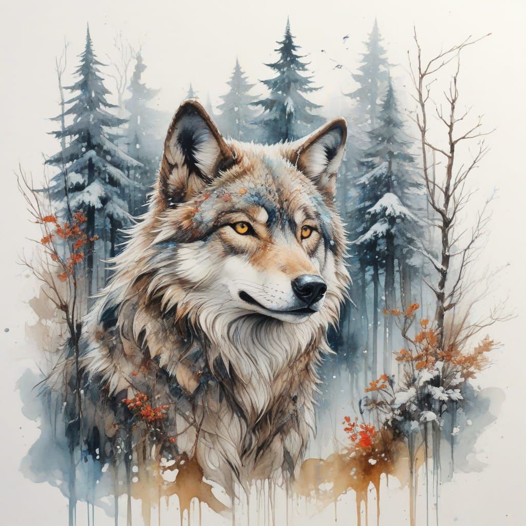 Surreal Winter Wolf Unfolds in Intricate Watercolor