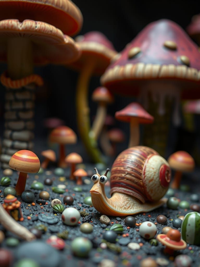 Curious Snail Crawls Through Surreal Landscape