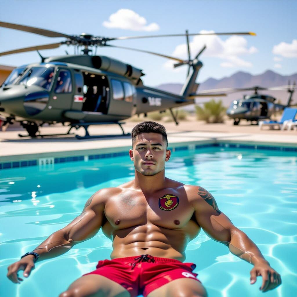 Marine Relaxing Poolside in Desert Base