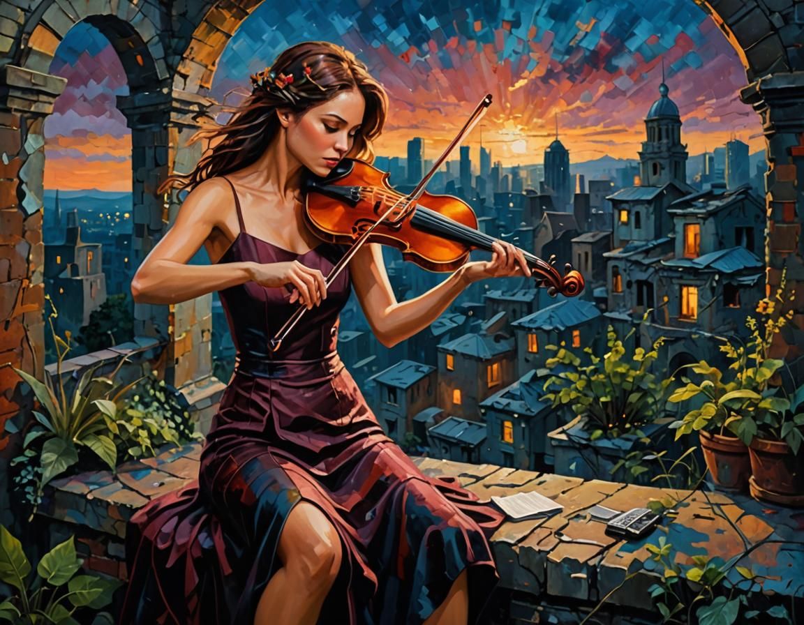 Sci-Fi Woman's Serenade: Deep Color Impasto Painting