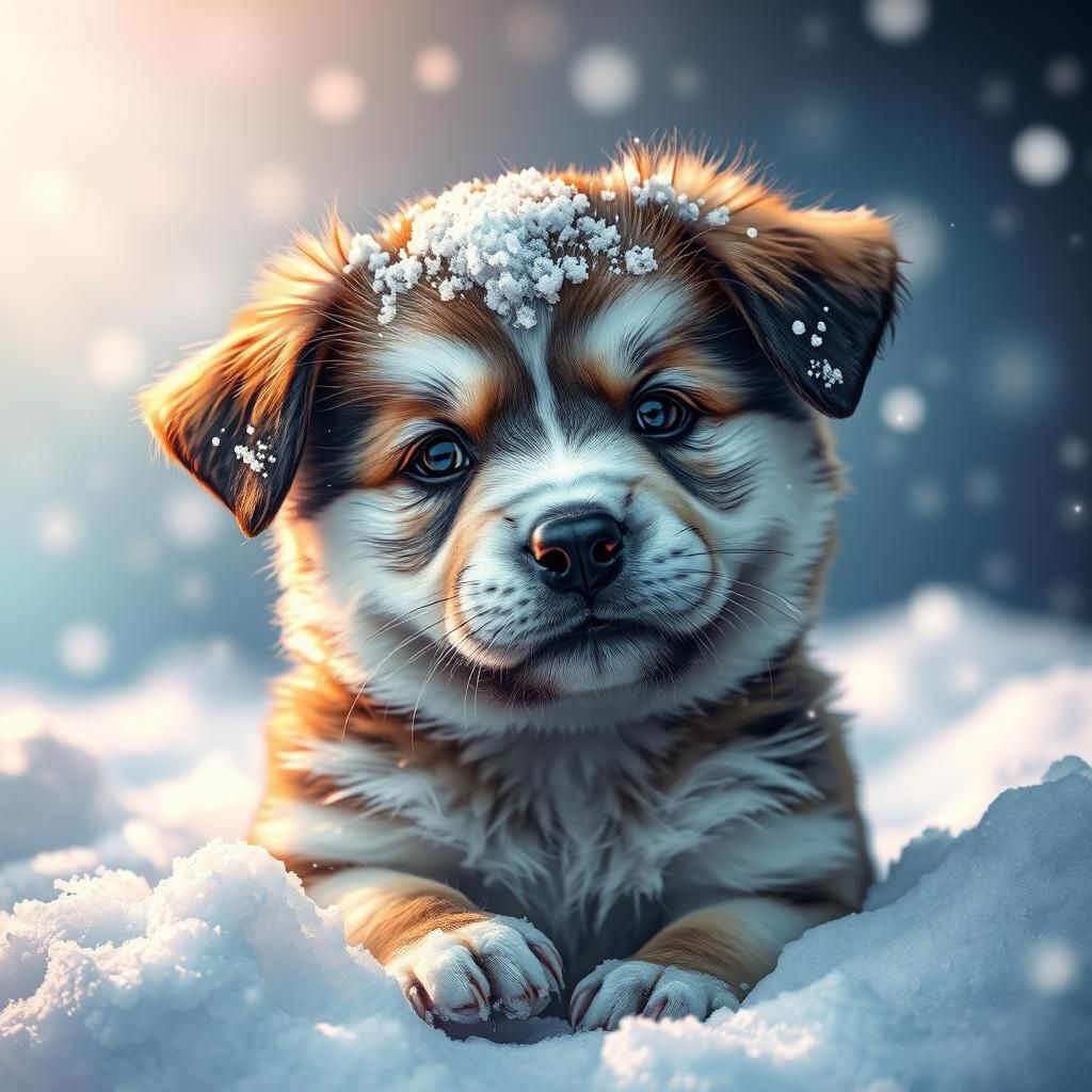 Puppy Covered in Snow: Hyperrealistic Splash Art