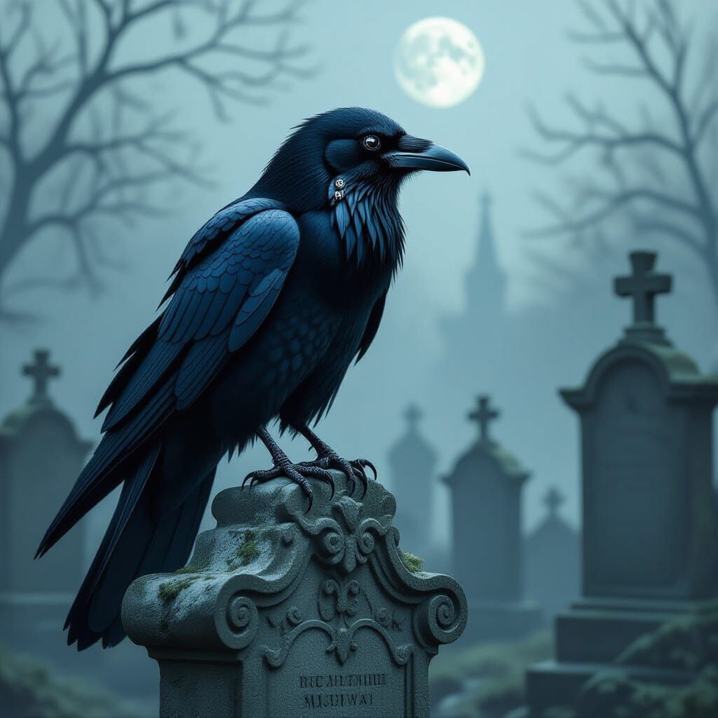 Gothic Raven in Cemetery, Dark Fantasy Art