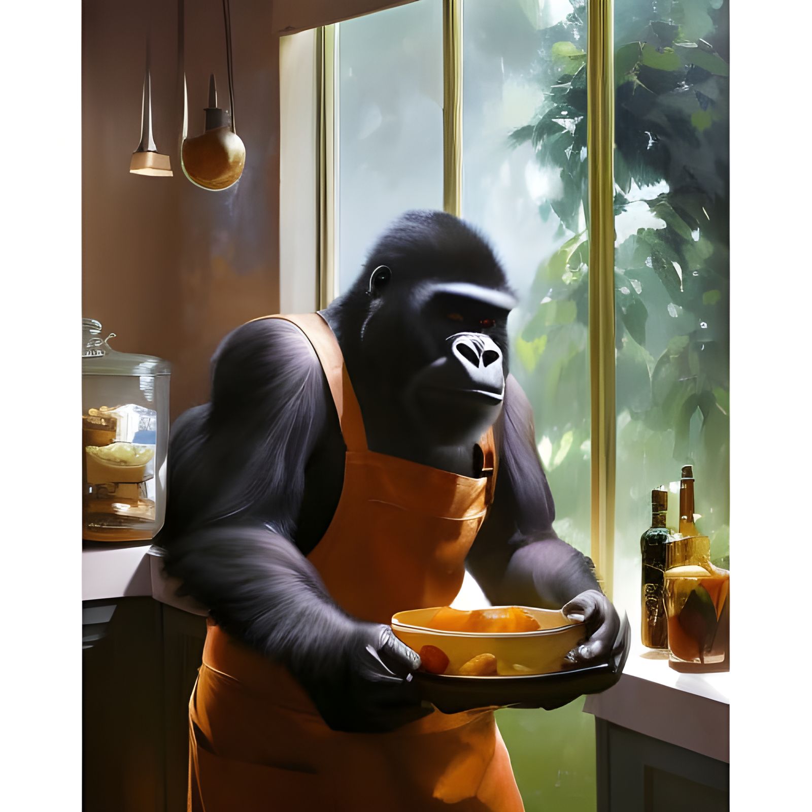 Gorilla in Apron: Studio Ghibli-Style Kitchen Scene