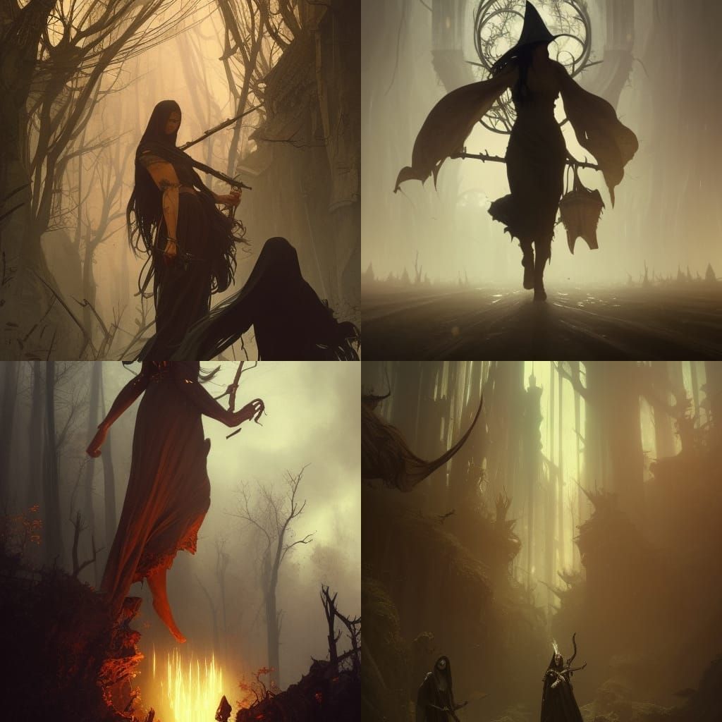 Detailed Witches in a Dark Fantasy Art Nouveau Style