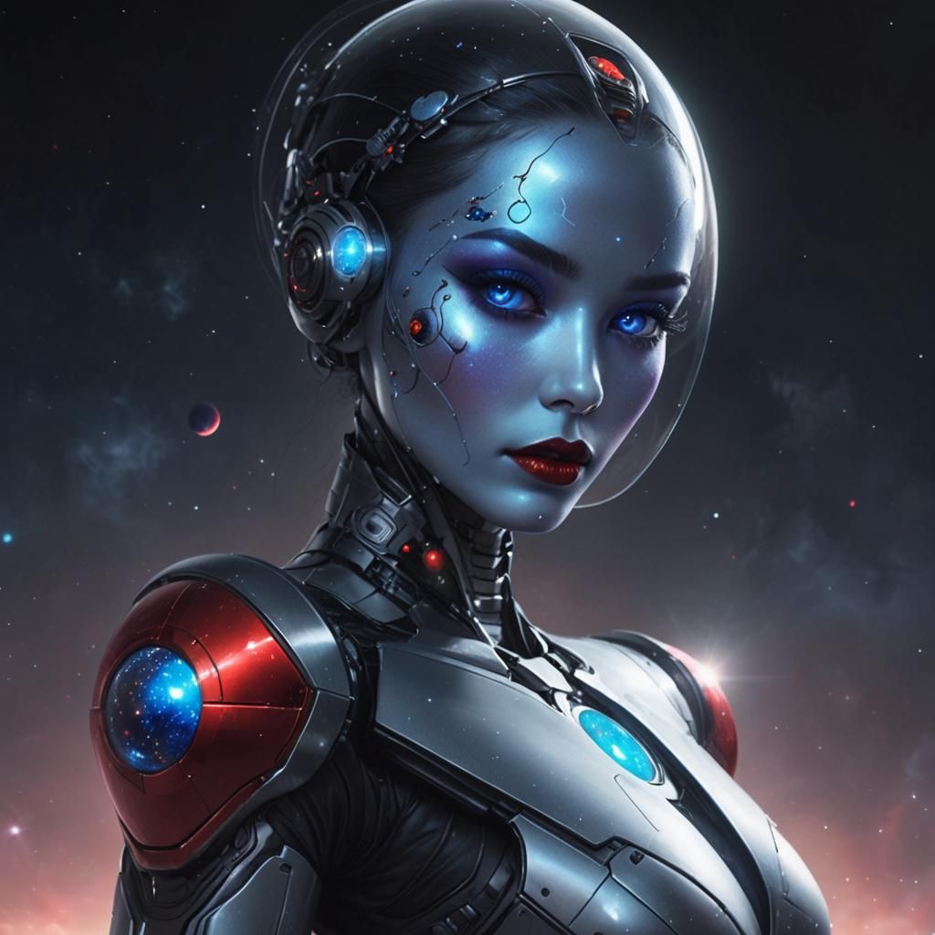 Android Woman in Space with Red Lips