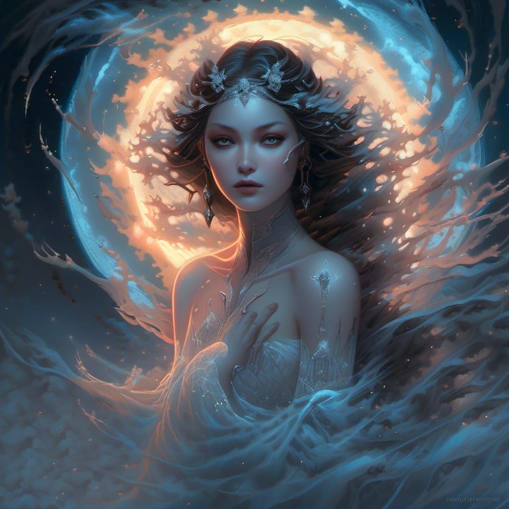 Glowing Female Mage Casting Magic Under Moonlit Sky