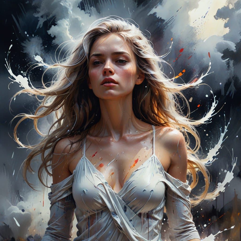 Woman in Paint Storm: Expressive Watercolour Art