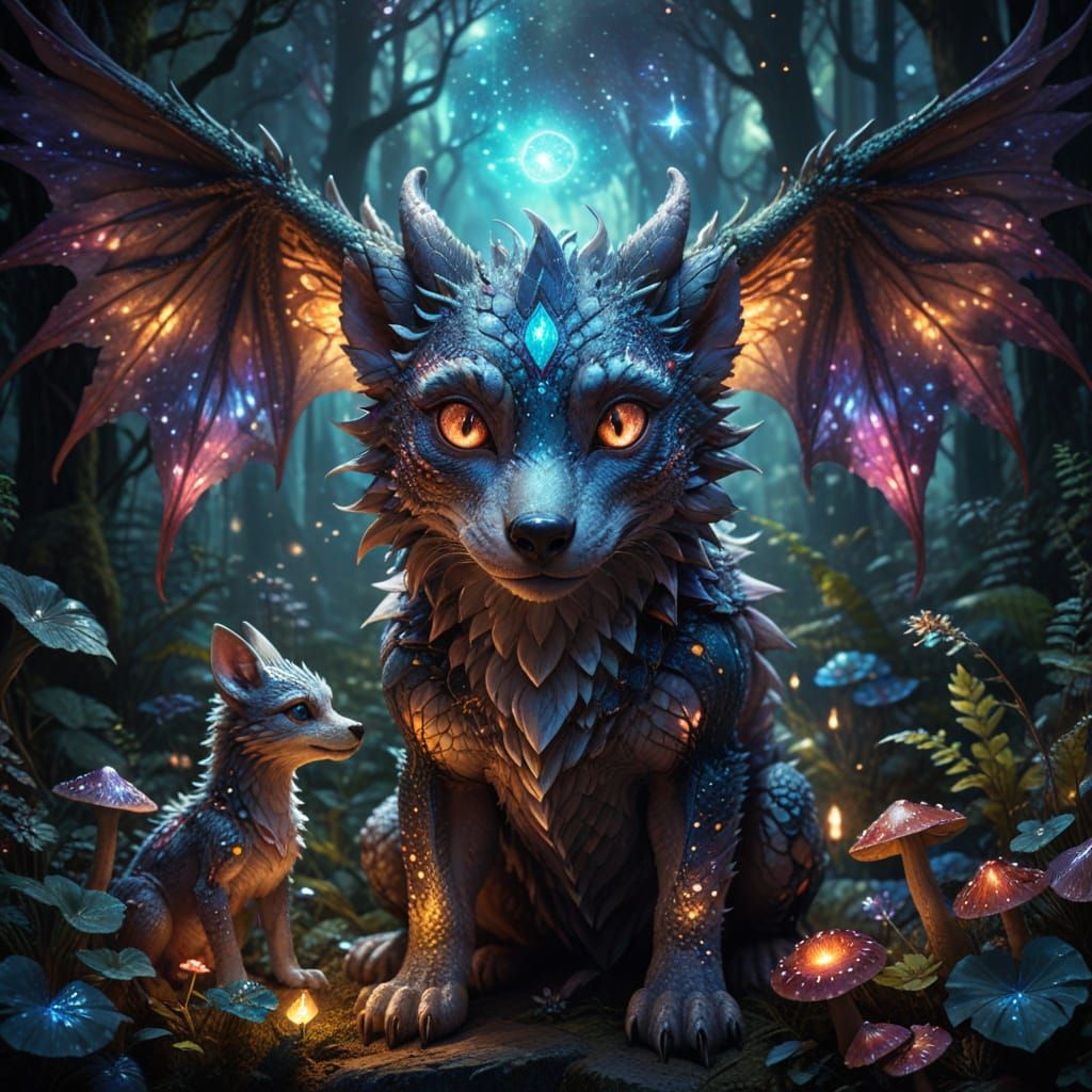 Mystical Dragon and Wolf Companion in Vibrant Dreamscapes