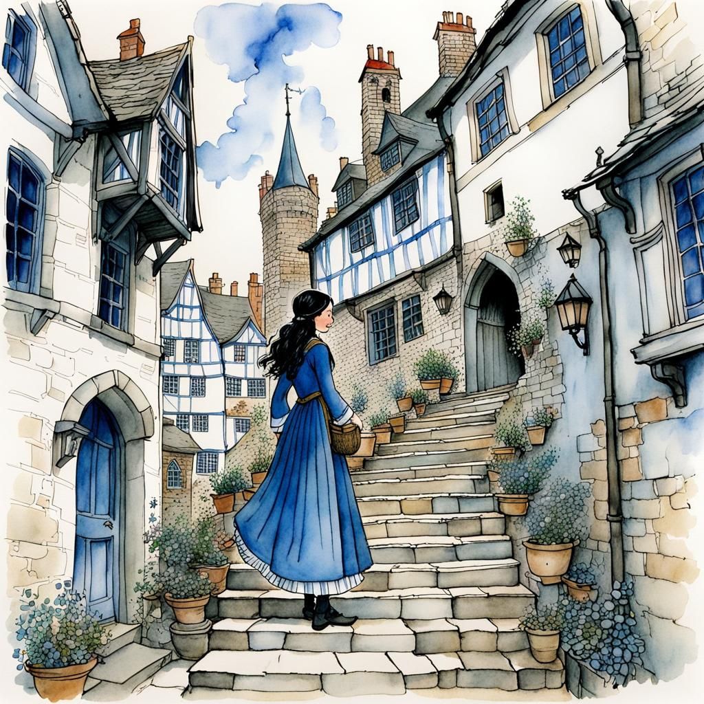 Medieval Girl Climbing Stairs: Storybook Illustration