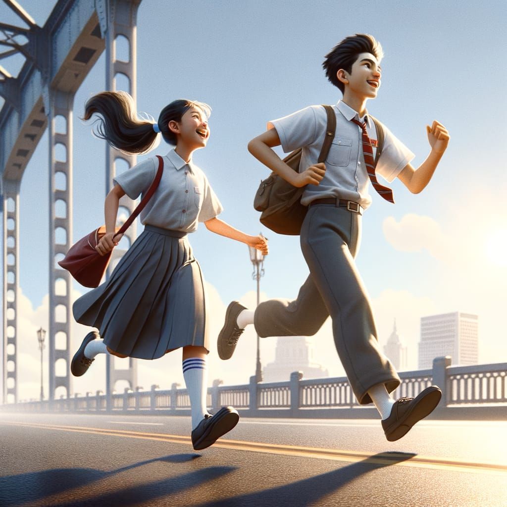 Teenagers Running on Bridge in Cheerful 3D Animation