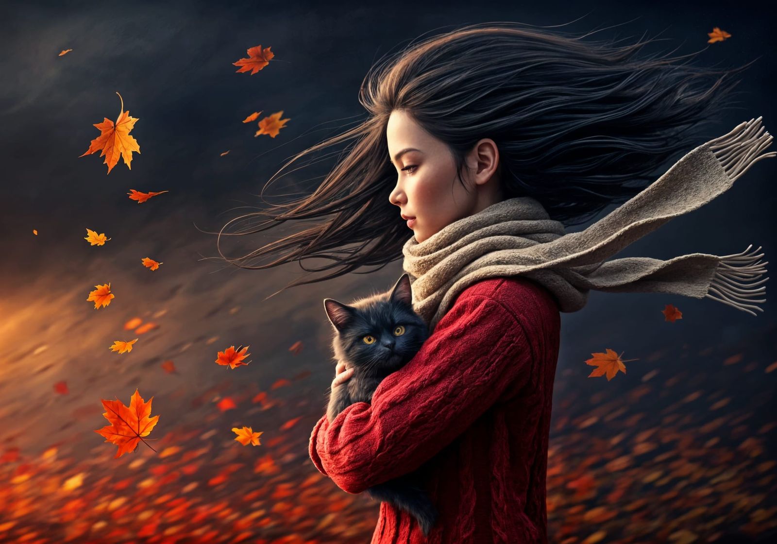 Girl Holds Cat Against Autumn Storm in Surreal Digital Art