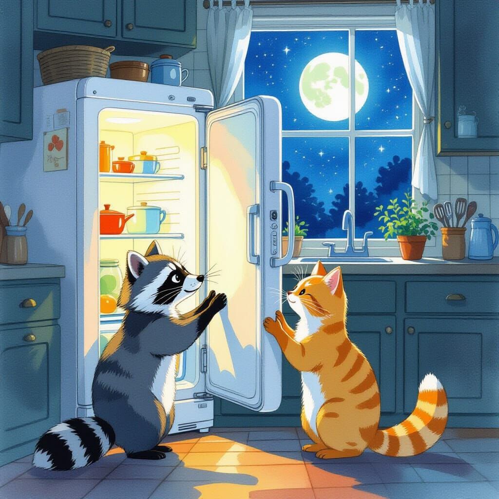 Curious Raccoon & Cat Midnight Kitchen Feast in Watercolor
