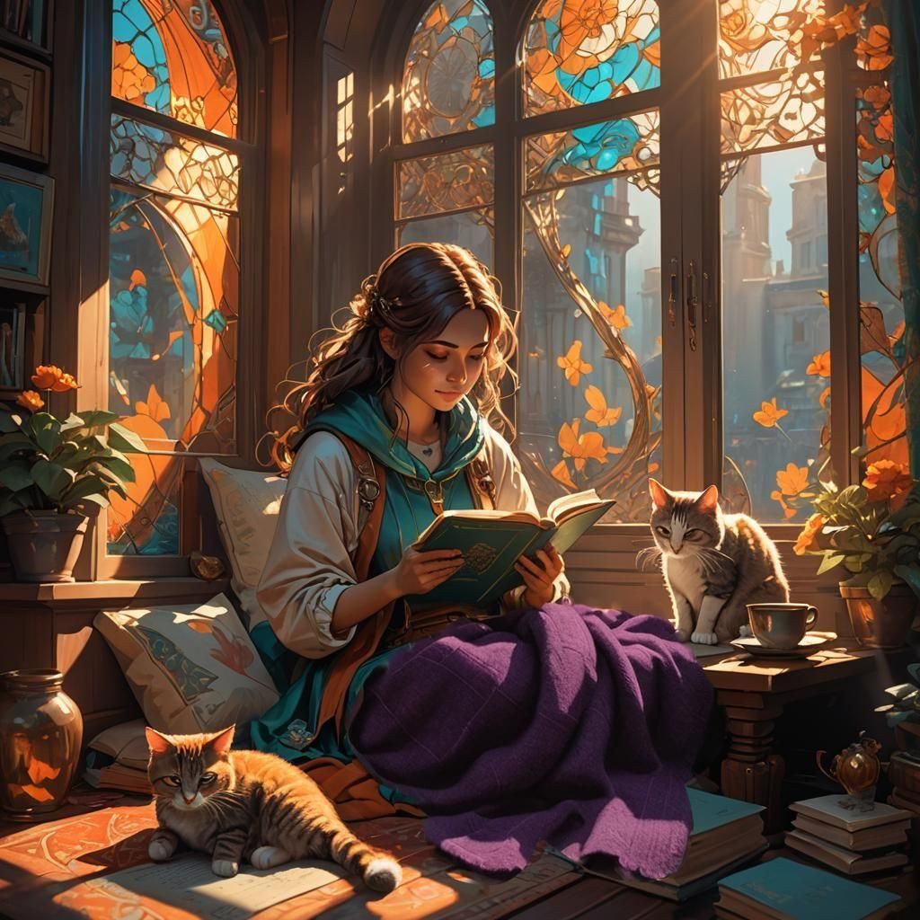 Girl Reading Book in Cozy Nook, Art Nouveau Style