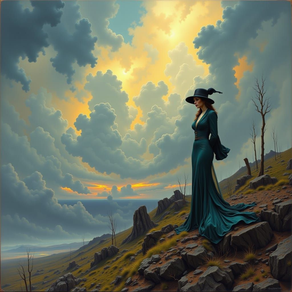 Elegant Woman on Windswept Cliff in Atmospheric Style