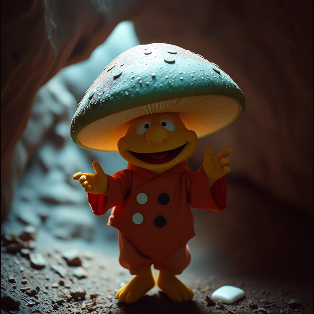 Muppet Mushroom Man Dancing in Cave
