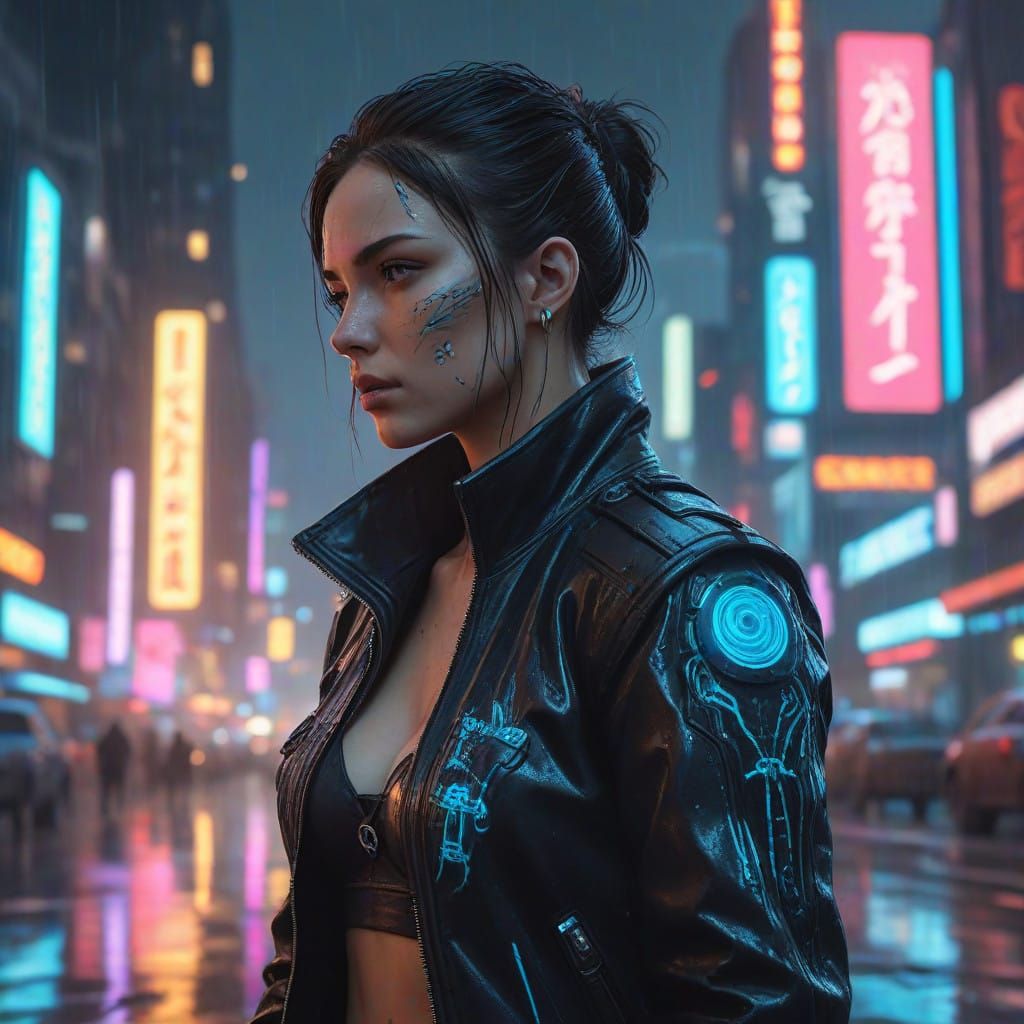 Neon-Glowing Rebel Hacker in Cyberpunk Cityscape