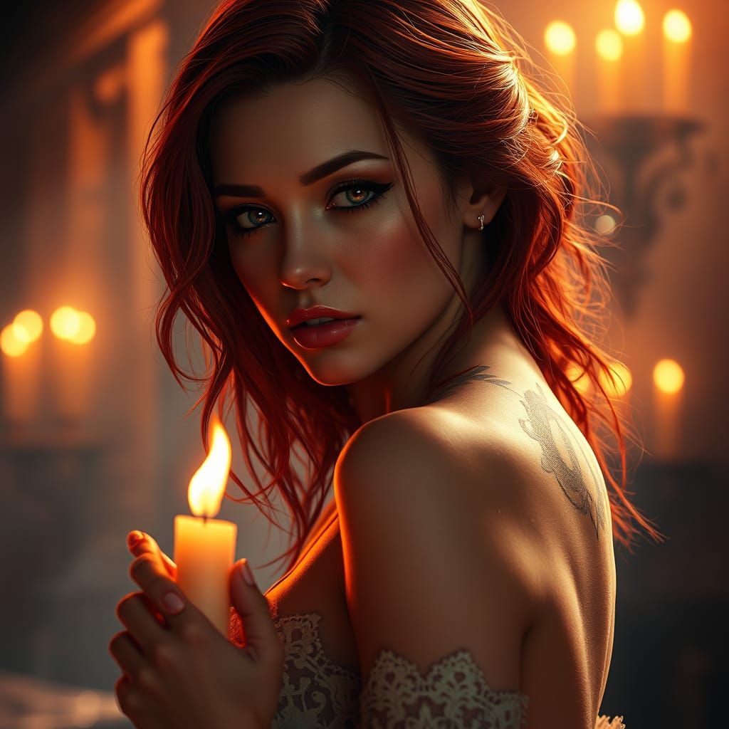 Sensual Redhead in Warm Candlelight Cinema Still