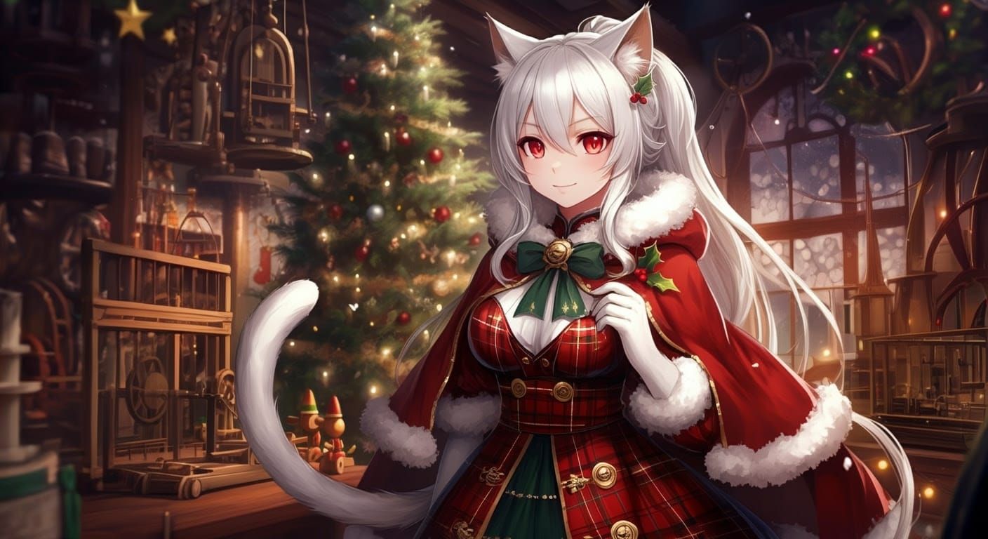 Anime Cat Woman in Whimsical Christmas Wonderland