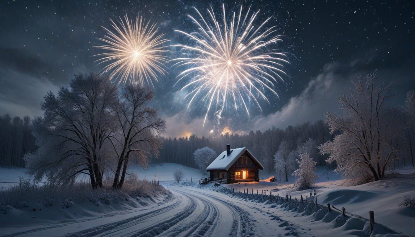 Russian Winter Wonderland Under Starry Night Sky