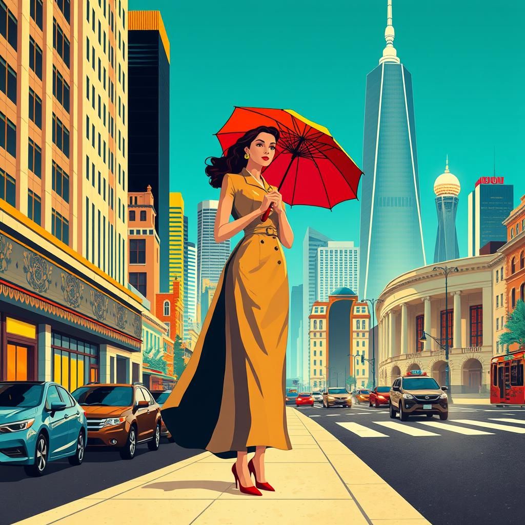 Art Deco Woman with Umbrella in Cityscape