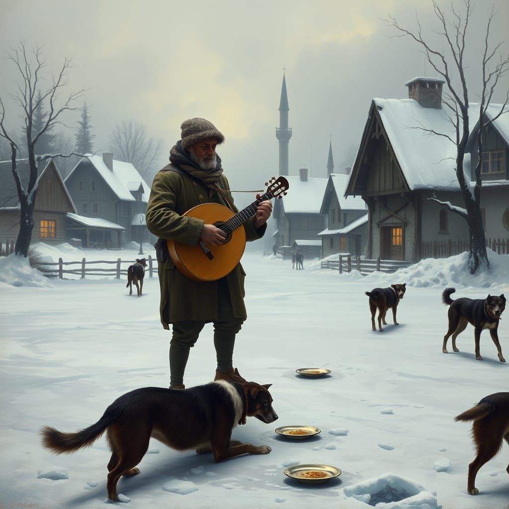 Melancholic Hurdy-Gurdy Player in Winter Landscape