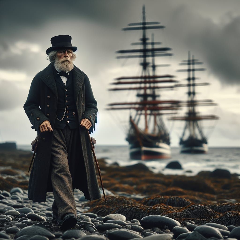 Victorian Sailor on Rocky Beach with Frigates