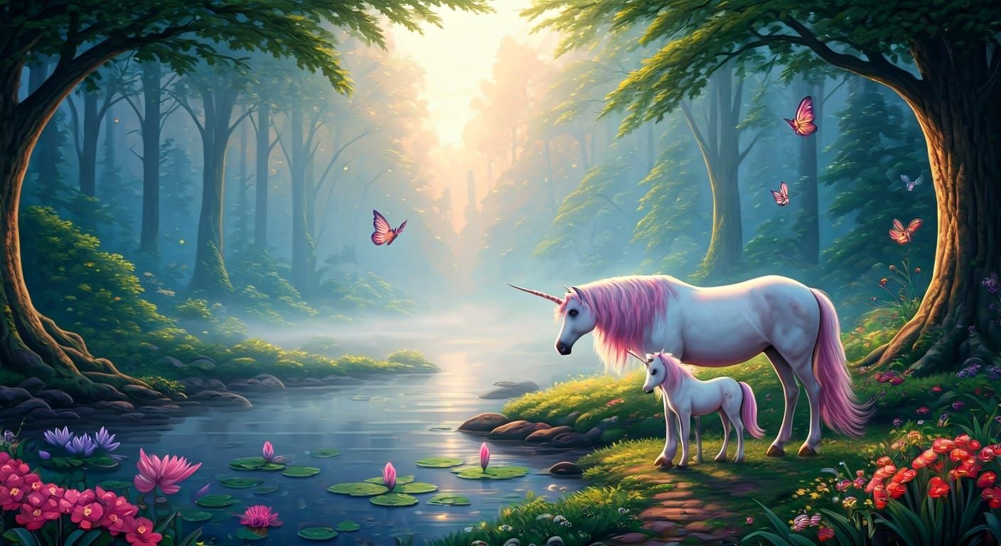Unicorn Family in Misty Forest: Oil Painting