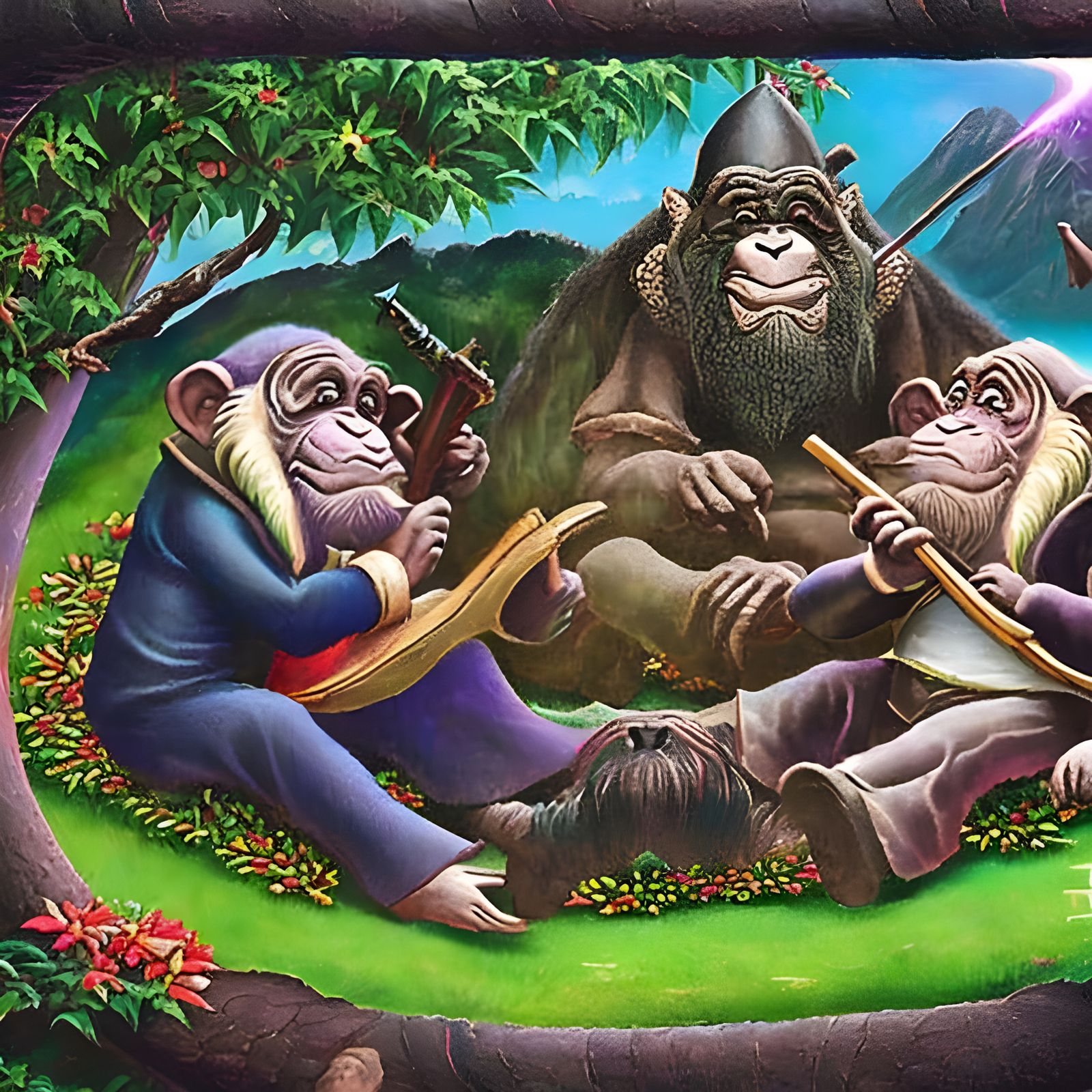 Chimpanzee Hobbit and Wizard in Fantasy Wonderland