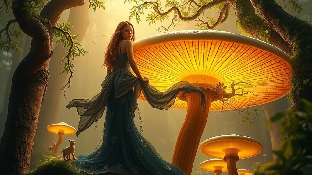 Surreal Dreamscape of a Woman among Glowing Mushrooms and Wh...
