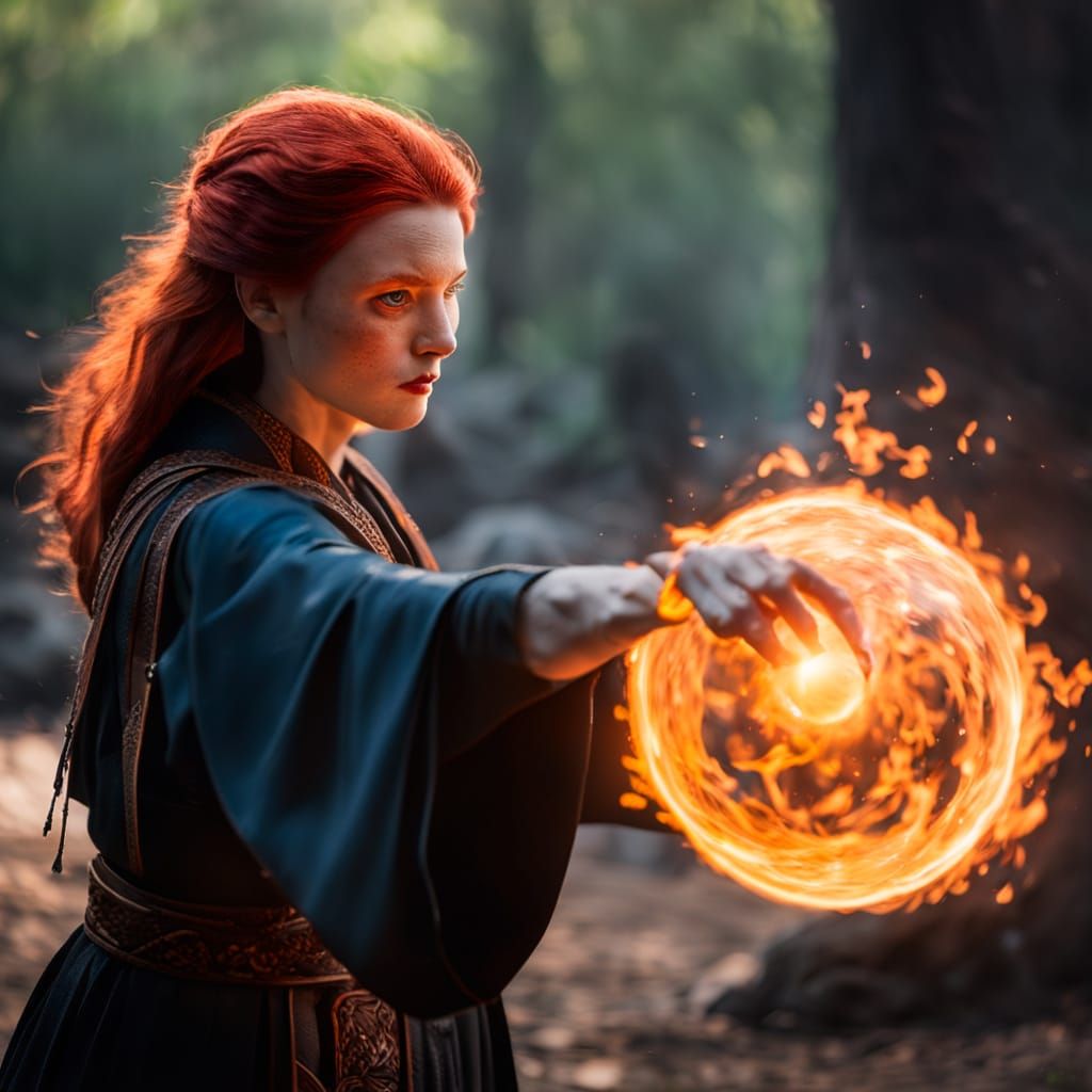 Sorceress Conjures Blazing Fireball in Vivid Detail