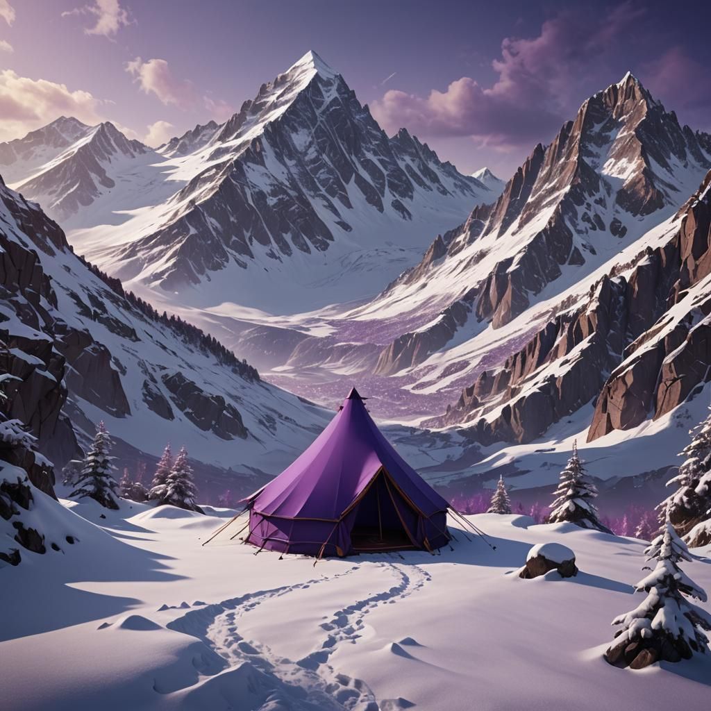 Purple Tent on Snowy Mountain: Fantasy Concept Art