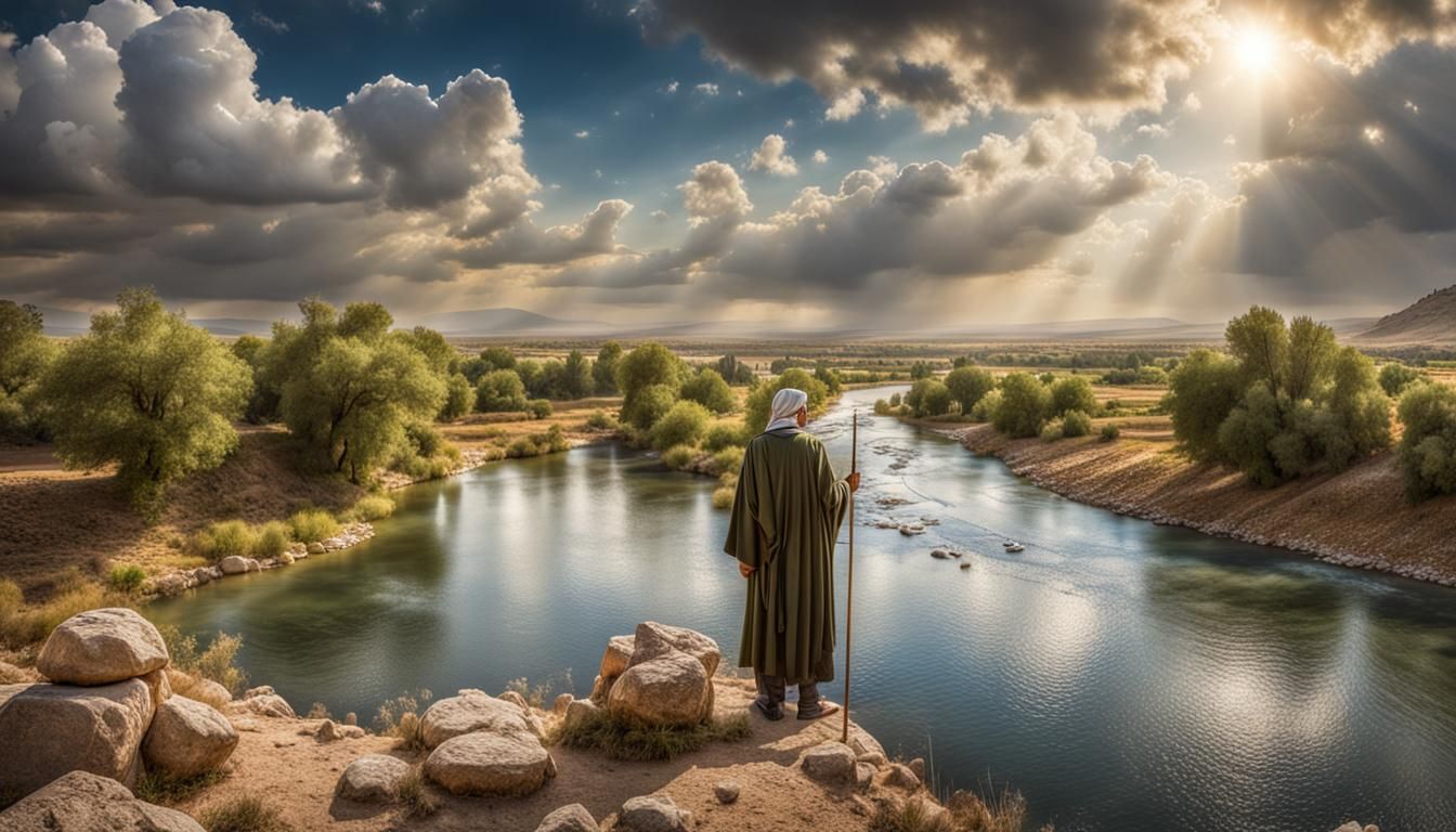 Prophet Elisha at Jordan River with Godrays
