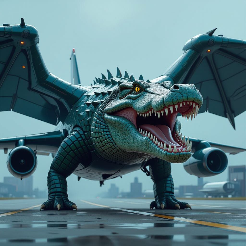 Cyberpunk Crocodile Airplane with Metallic Scales