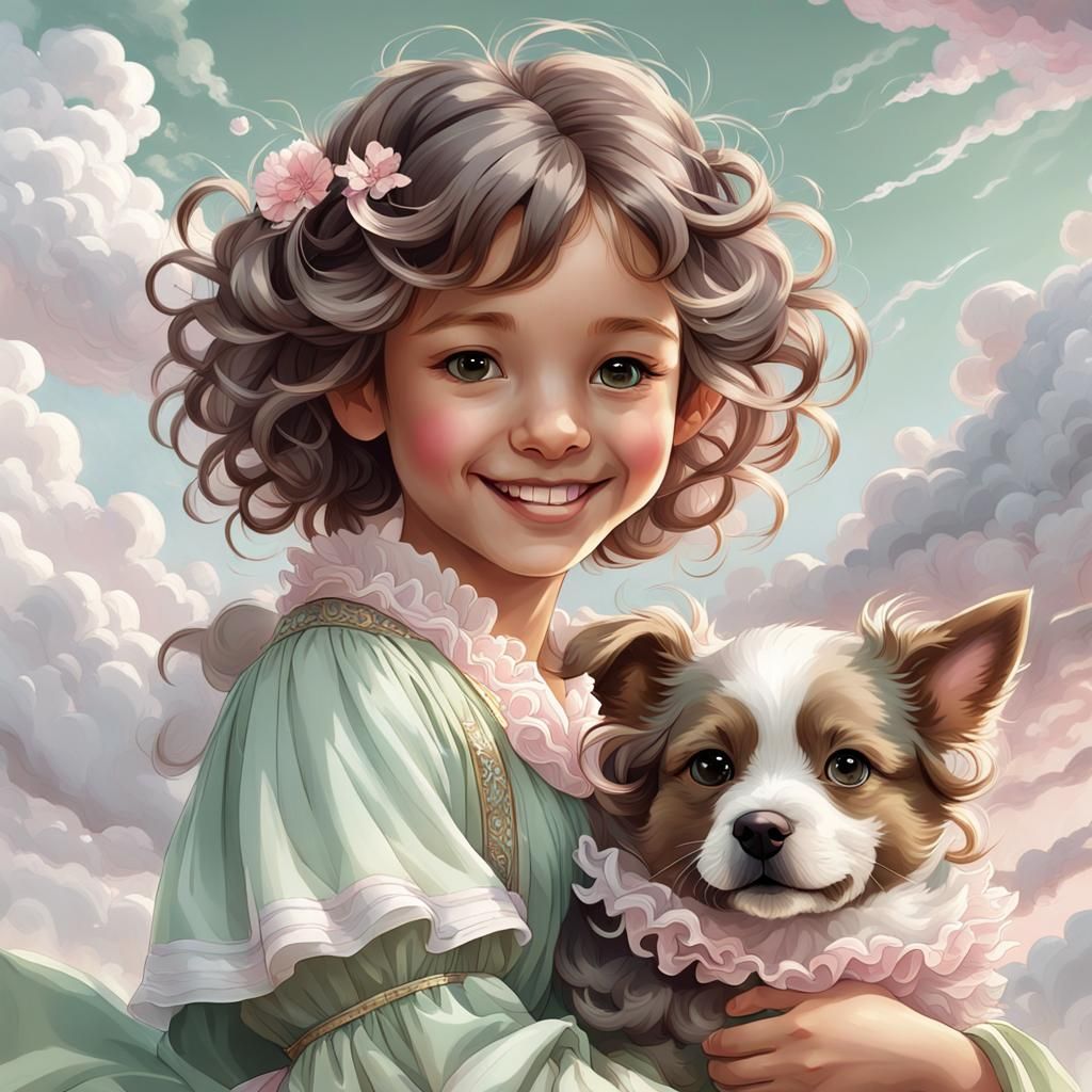Girl with Puppy Portrait in Hyperdetailed Style