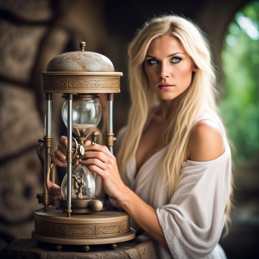 Blonde Goddess Operates Stone Age Time Machine