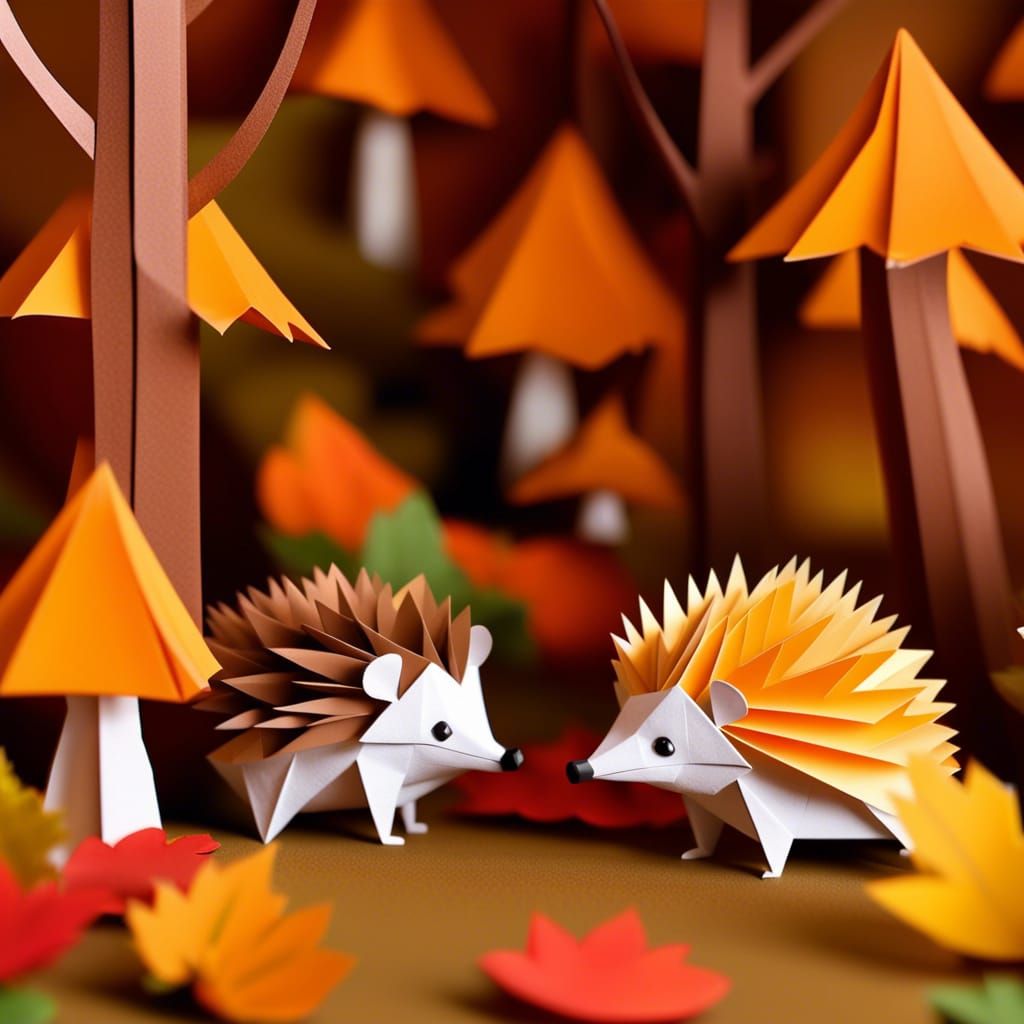 Hedgehogs Picking Mushrooms in Origami Autumn Diorama