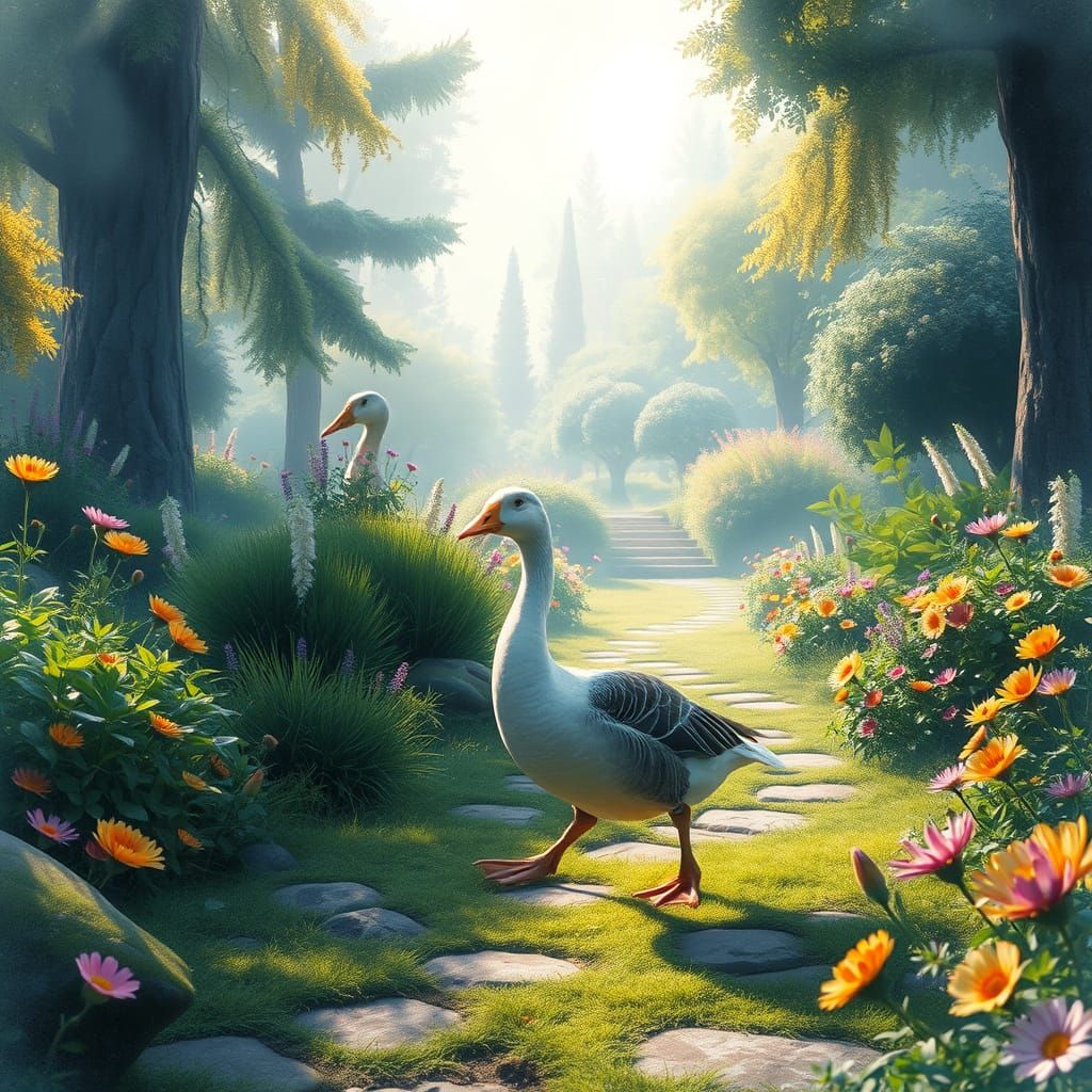 Serene Geese Waddle Through Lush Park Landscapes in Dreamy W...
