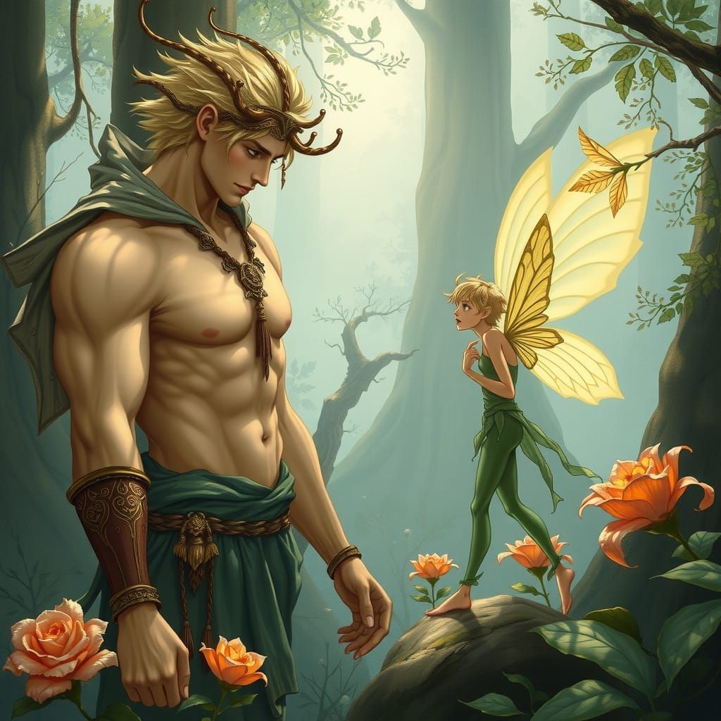 Fairy and Flower God in Magical Forest