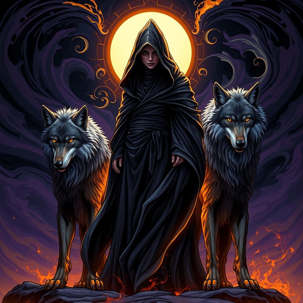 Majestic Sorceress Surrounded by Luminous Wolves